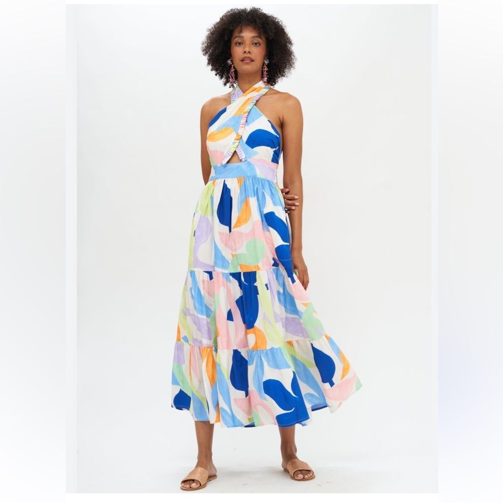 OLIPHANT $328 Cross Front Halter Maxi Dress Cotton Poplin Size Large‎